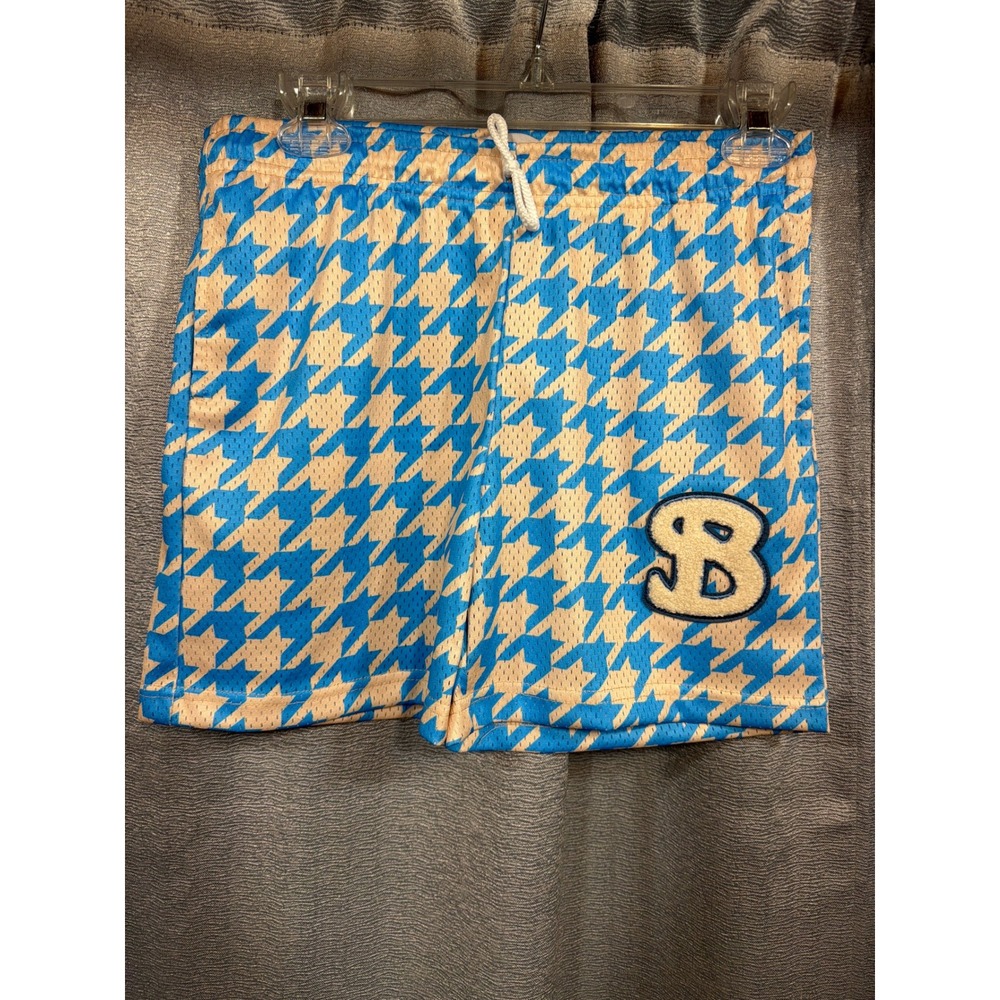 BKTSQD Kids Blue Houndstooth Mesh Basketball Shorts Chenille Patch YXL NEW